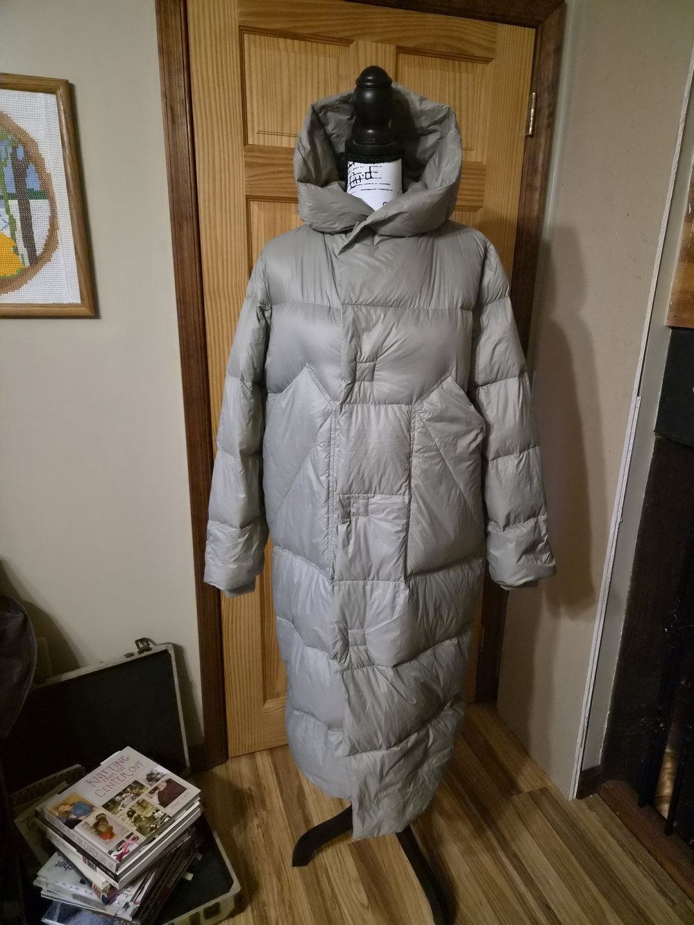 Long Hooded Puffer Coat in Light Gray